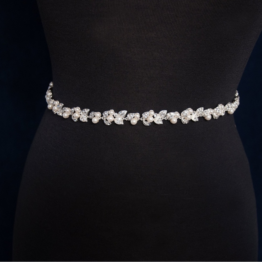 Bridal Pearl and Rhinestone Narrow Belt or Headband, with Organza Ribbon Ties